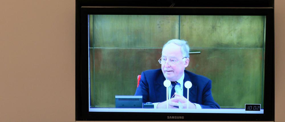 Auf einem Bildschirm außerhalb des Plenarsaales des Landtages in Potsdam (Brandenburg) ist die Rede des brandenburgischen Vorsitzenden der Alternative für Deutschland (AfD), Alexander Gauland zu sehen.