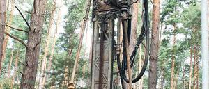 Tief gebohrt. Zwei Mitarbeiter einer Baufirma tragen am Montag im Wald bei Wilhelmshorst Schicht für Schicht die Erde ab.