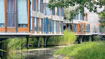 Trügerische Idylle. Die Wohnanlage „Nutheschlange“ ist wegen der ruhigen Innenhoflage bei Familien sehr beliebt. Doch der Teich birgt große Gefahren für Kinder, wie sich jetzt zeigt.