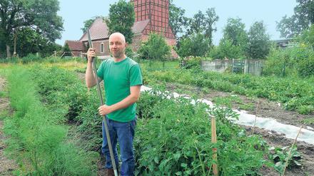 Seine Furche. Landwirt Volker Schriefer steht am 11.07.2014 in seinem Gemüsefeld in Fergitz (Brandenburg). Er hat wie andere Junglandwirte in Brandenburg Schwierigkeiten, freie Flächen für die Existenzgründung zu finden.  