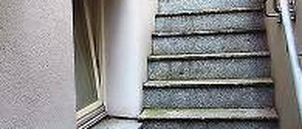 Grün. Auch die Treppe hinab zur Wohnung ist ziemlich mitgenommen.