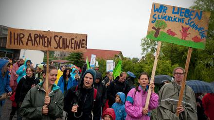 Menschen mit Plakaten und Transparenten protestieren in Haßleben (Brandenburg) bei einer Demonstration gegen Massentierhaltung. Unter dem Motto "Wir haben es satt" demonstrieren die Teilnehmer gegen die geplante Schweinemastanlage einer niederländischen Firma mit 37.000 Plätzen.