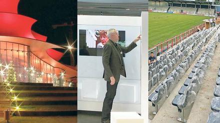 Freiwillige Leistungen. Die Ausgaben für Kultur-, Wissenschafts- und Sportstätten wie das Hans Otto Theater, die Wissenschaftsetage im Bildungsforum und das Karl-Liebknecht-Stadion (v.l.) kann die Stadt selbst steuern. Viele Parteien bleiben jedoch vage, wenn es um die konkrete Verteilung von Geldern geht.