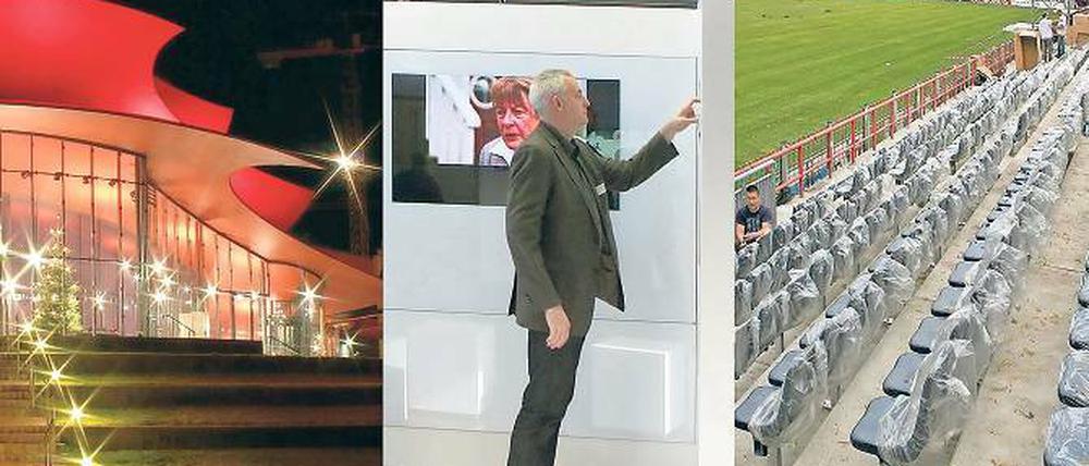 Freiwillige Leistungen. Die Ausgaben für Kultur-, Wissenschafts- und Sportstätten wie das Hans Otto Theater, die Wissenschaftsetage im Bildungsforum und das Karl-Liebknecht-Stadion (v.l.) kann die Stadt selbst steuern. Viele Parteien bleiben jedoch vage, wenn es um die konkrete Verteilung von Geldern geht.