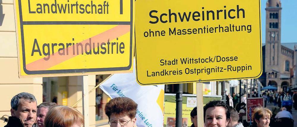 Kampagnenstart. Mitglieder des Aktionsbündnisses starteten am Freitag in Potsdam die Unterschriftensammlung zur Volksinitiative gegen Massentierhaltung. Binnen eines Jahres müssen mehr als 20 000 Unterstützer zusammenkommen.