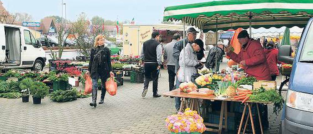 Kaum was los. Zu besseren Zeiten gab es fünfzig Händler auf Werders Frischemarkt, heute sind es samstags dreißig, sonntags nur fünf.