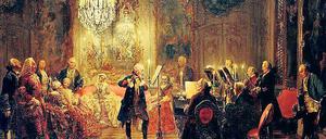 Hier hatte wohl nur einer Spaß am musizieren: Friedrich der Große spielt eine Solopassage auf der Flöte, sein Cembalist – Carl Philipp Emanuel Bach und der Cellist sehen auf diesem Gemälde von Adolf Menzel aus, als säßen sie ihren Dienst nur ab.