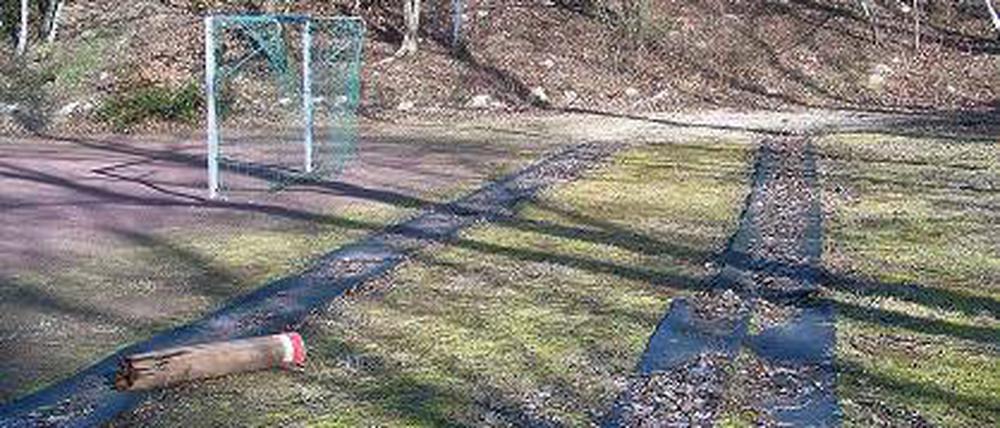 Ausgehüpft. Die Anlaufbahnen für die kaum noch erkennbare Sprunggrube.