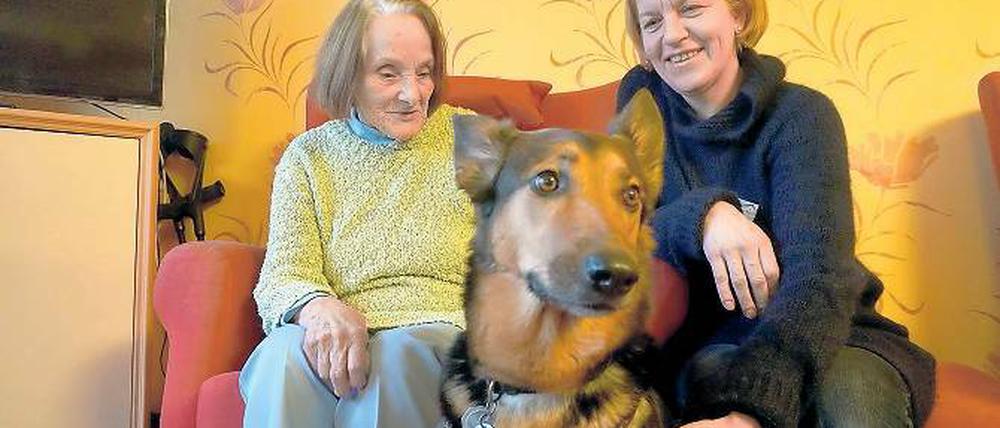 Auf den Hund gekommen. Einmal in der Woche ist die Therapiehündin Penny in der Demenzstation des Kleinmachnower Seniorenheims Senvital unterwegs und lässt sich von Irmgard Reichel und Betreuerin Bettina Hoog (r.) gerne streicheln.