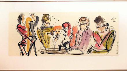 Aus dem Nachlass von Beate M. Kicherer. Die 2004 verstorbene Berliner Malerin ließ sich meist von Alltags- und Straßenszenen inspirieren. So entstand wohl auch diese gesellige Runde: „Café Haus Szene“. Ihre Bilder zeigt jetzt – neben Werken weiterer Künstler – die Galeristin Traudl Bauscher. Kaufen und Mitnehmen erwünscht.