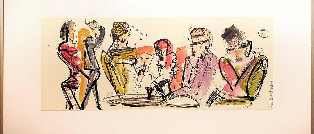 Aus dem Nachlass von Beate M. Kicherer. Die 2004 verstorbene Berliner Malerin ließ sich meist von Alltags- und Straßenszenen inspirieren. So entstand wohl auch diese gesellige Runde: „Café Haus Szene“. Ihre Bilder zeigt jetzt – neben Werken weiterer Künstler – die Galeristin Traudl Bauscher. Kaufen und Mitnehmen erwünscht.