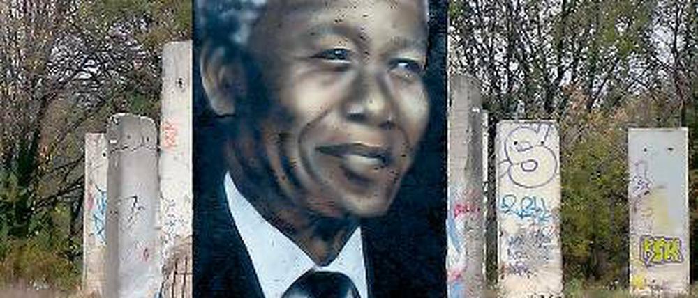 Die sieben Despoten der Welt. Sie haben der Welt das Fürchten gelehrt und die Bevölkerung ihrer Länder oft in Hunger und Not getrieben. In Teltow sind Mahmud Ahmadinedschad, Idriss Déby, Omar al-Bashir, Kim Jong-Il, Robert Mugabe, Muammar al-Gaddafi und Thein Sein (v.l.) auf alte Mauerteile gemalt. Das Werk will zeigen, dass es noch viel mehr Mauern einzureißen gilt. So ist es darauf in Englisch zu lesen.