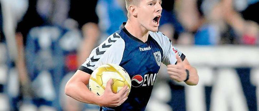 Her mit dem Ball. Kai Druschky, einst U19-Bundesliga-Torschützenkönig, traf für Babelsberg 03 in der Regionalliga bislang einmal – gegen Halberstadt (Foto).