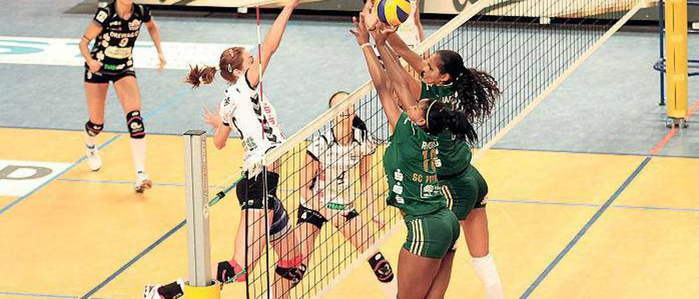 Aus im Pokal. Potsdams Kathy Radzuweit (r.) und Jessica Rivero am Block.