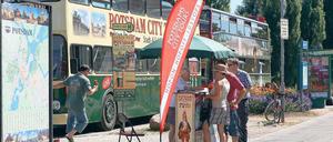 Welcher Bus ist der richtige? Touristen haben bei Stadtrundfahrten die Wahl zwischen mehreren Anbietern – jeder versucht am Hauptbahnhof, die Reisenden in seine Vehikel zu locken.