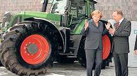 Freizeitbäuerin. Wie groß die Knollen von Angela Merkel, hier mit Bauerverbandschef Gerd Sonnleitner, werden ist unbekannt.