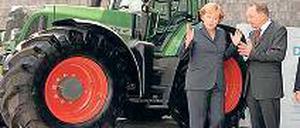 Freizeitbäuerin. Wie groß die Knollen von Angela Merkel, hier mit Bauerverbandschef Gerd Sonnleitner, werden ist unbekannt.