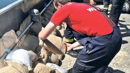 Sicherungsarbeiten. Mitarbeiter der Freiwilligen Feuerwehr stapeln in Wittenberge (Sachsen-Anhalt) Sandsäcke zur Sicherung der Deichanlagen.