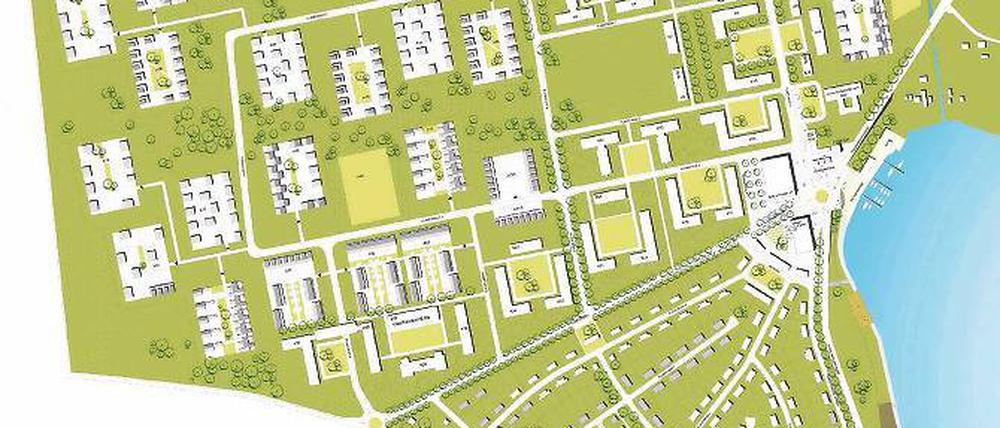 Zu groß. Die Pläne der Stadt Potsdam gehen der Genehmigungsbehörde zu weit. Der untere Bereich liegt im Landschaftsschutzgebiet Königswald und soll nicht bebaut werden. Dort wollten die Planer das Viertel „Schöne Aussicht“ ansiedeln.