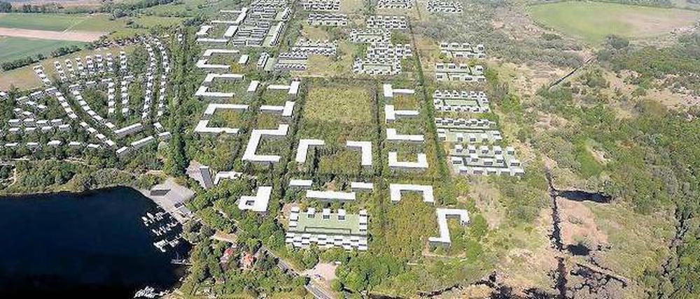 So soll es sein. Bis 2023 sollen auf dem Gelände der ehemaligen Kaserne 1630 Wohneinheiten entstehen – teils in den alten Kasernen, teils in Neubauten. Am Krampnitzsee (u.l.) soll Gewerbe und Dienstleistung angesiedelt werden.
