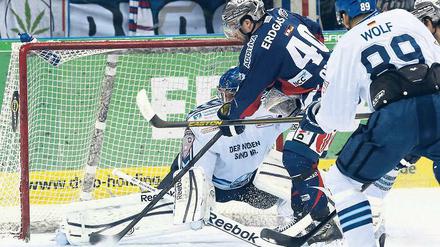 Ins Tor gestochert. Darin Olver erzielt den ersten Treffer für die Eisbären.