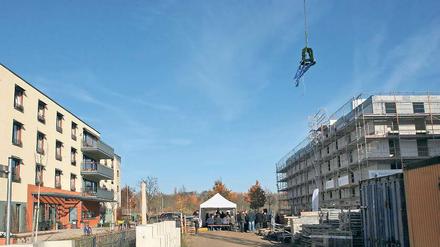 Hoch den Kranz. Richtfest in der Carl-Christian-Horvath-Straße.