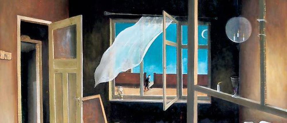 Sonderbar entrückte Stimmungen. Die schafft der Autodidakt Kerwien mit seinen detailreichen, bis ins kleinste durchgearbeiteten Räumen wie hier auf dem Gemälde mit dem Titel „Interieur“.
