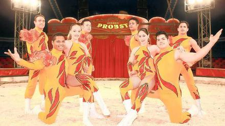 Kubanisch bunt. Die acht Artisten der Gruppe „Havanna“ sind seit März eine der Hauptattraktionen des Zirkus’ Probst. Ihre Hochseilakrobatik raubt den Zuschauern jedesmal den Atem.