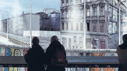 Blick nach drüben. Asisis Mauer-Panorama am Checkpoint Charlie wird einen Blick von Kreuzberg nach Mitte an einem fiktiven Herbsttag in den achtziger Jahren zeigen.