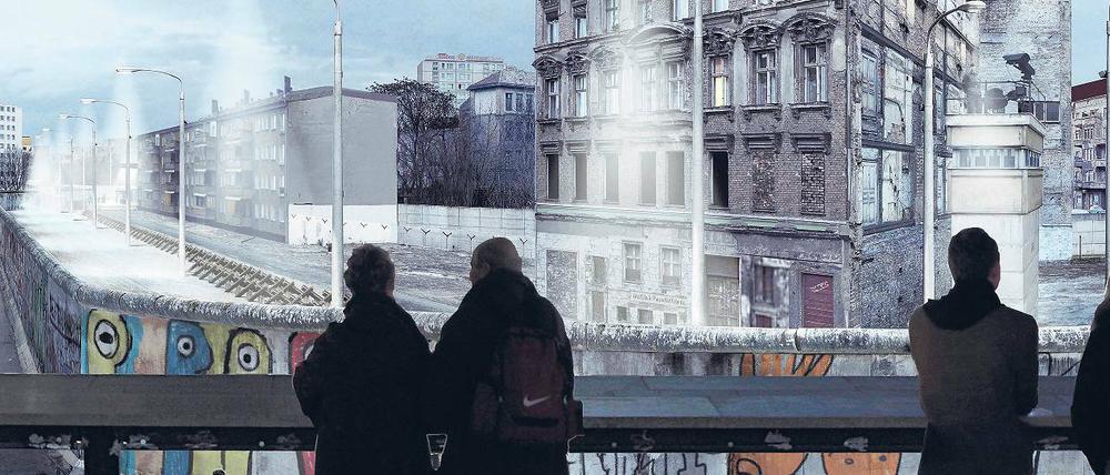 Blick nach drüben. Asisis Mauer-Panorama am Checkpoint Charlie wird einen Blick von Kreuzberg nach Mitte an einem fiktiven Herbsttag in den achtziger Jahren zeigen.