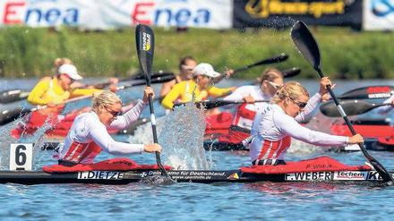 OIympia-Gold erklärtes Ziel. Franziska Weber (r.) paddelt mit Tina Dietze auf dem Dorney Lake im Zweier- und im Viererkajak.
