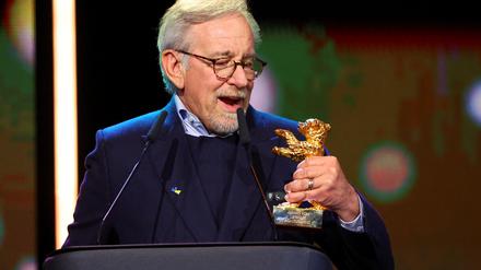 Director Steven Spielberg speaks as he holds the Honorary Golden Bear Award for Lifetime Achievement which he received at the 73rd Berlinale International Film Festival in Berlin, Germany, February 21, 2023. REUTERS/Fabrizio Bensch