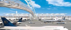 Überflieger. Eine Brücke, „Skywalk“ genannt, könnte die Abfertigungsgebäude statt eines Tunnels verbinden. Eine ähnliche Idee war vor Jahren noch verworfen worden.