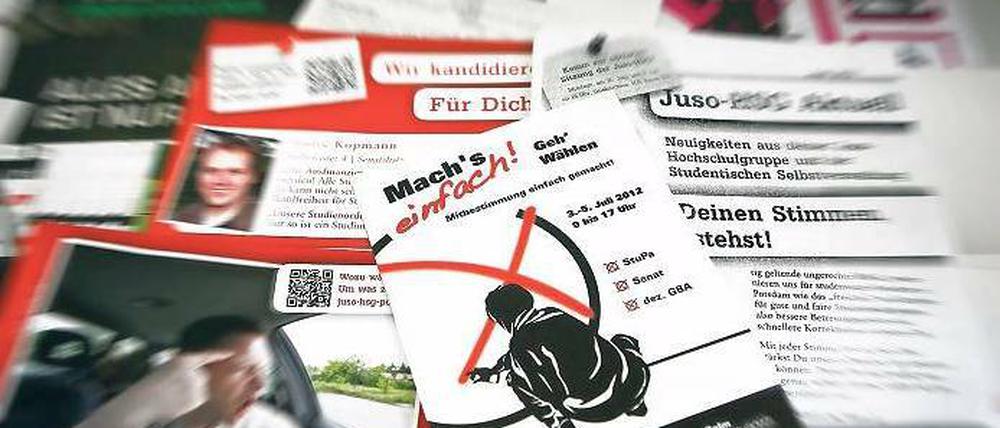 Wahlaufruf an der Uni. Der Einladung zur Stimmabgabe sind in dieser Woche nur knapp neun Prozent aller 18 972 Studierenden nachgekommen. Das Studierendenparlament kann pro Jahr über rund 500 000 Euro Haushaltsmittel entscheiden. Davon werden unter anderem Beratungsangebote bezahlt. 