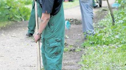 Abgegrast. Projektteilnehmer legen im Nuthe-Park die Wegränder frei.
