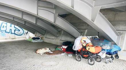 Obdachlosigkeit im Stadtbild. Zwei Wohnungslose haben derzeit ihr Lager unter der Trambrücke neben der Langen Brücke aufgeschlagen.