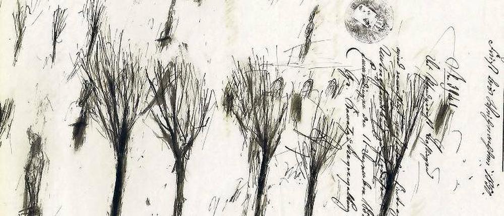Was sie findet, bleibt unscharf. Claudia Bergs Sepiazeichnung „Garten (Burgscheidungen)“ aus dem Jahr 2011.