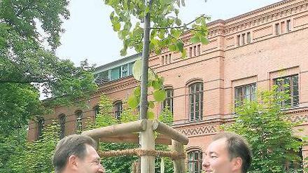 Wo ist Gunter? Oberbürgermeister Jann Jakobs (l.) mit Sekiz-Vorstand Oliver Geldener an der Linde. Nur Jubilar Gunter Gabriel, für den der Baum gepflanzt wurde, kam nicht.