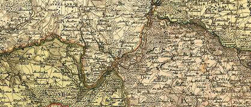 Potsdam und Ungebung auf einer Landkarte der Mittelmark (Ausschnitt).