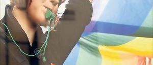 Flatternde Regenbogenfahne. Die Ausstelung zeigt Fotos vom CSD 2010.