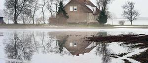 Verkehrte Welt im Oderbruch. Seit eineinhalb Jahren steht auf Äckern und in Kellern im Oderbruch das Wasser – so wie hier bei Golzow. Im August 2010 waren insgesamt 10 000 Hektar überflutet.