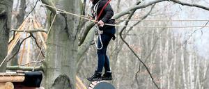 Balanceakt zwischen Baumkronen. Der Abenteuerpark am Telegrafenberg startet in die Saison – neu ist ein „Spezialistenparcours“ samt drehender Tonne.