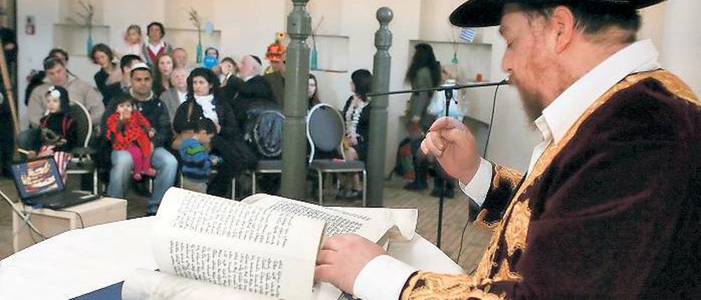 „Gott hat uns gerettet.“ Nachum Presman, Rabbiner der Synagogengemeinde, verlas beim Purim-Fest im Kutschstall das Buch Esther. Kommt der Name des bösen Haman vor, dürfen die Kinder Krach machen.