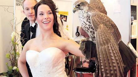 Falke als Ringbote. Model Julia zeigte auf der Hochzeits- und Babymesse wie es aussieht, wenn Falke Kira landet.