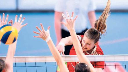 „La Bomba“ in Aktion. Lucia Daniela Fresco, die hier im Heimspiel gegen Wiesbaden den gegnerischen Block überwindet, erzielte im Hinspiel in Stuttgart 27 Punkte. Am Samstag will sie mit dem SC Potsdam zu Hause gegen Stuttgart gewinnen.