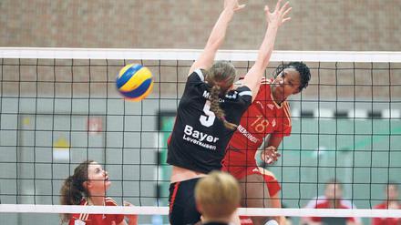 Weihnachten in der Ferne. US-Girl Brittany Tillman (r.), hier am Mittwoch in ihrem ersten Heimspiel für den SC Potsdam an Netz, kann jetzt nicht heim nach Memphis (Tennessee) zu Mutter Alicia, Vater Kevin und Bruder Brian. In diesem Tagen stehen wichtige Erstliga-Spiele an, daher wird die 22-Jährige Heiligabend in der Familie des SC-Teammanagers Thomas Dörfler verbringen.