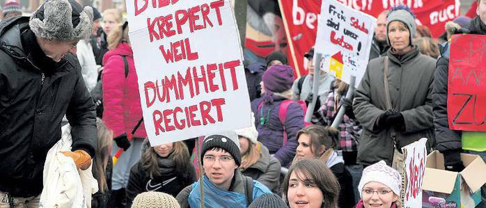 Kürzungen trotz Steuermehreinnahmen? Das wollen die Potsdamer Studenten und Schüler nicht hinnehmen. Auf dem Bassinplatz protestierten sie gestern gegen die Sparpläne der Landesregierung.