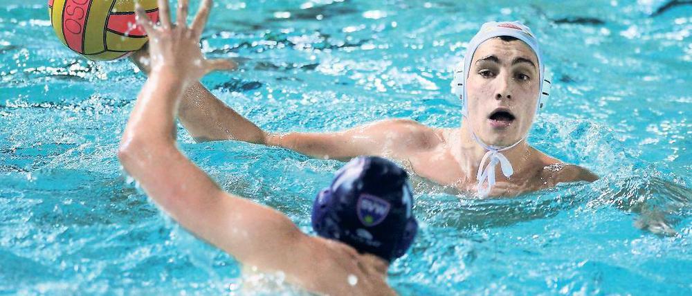 Unermüdlich im Einsatz. Kapitän Jacob Drachenberg (r.), den Trainer Laube als den auffälligsten und effektivsten Potsdamer Wasserballer lobte, überzeugte am Samstag gegen Würzburg.