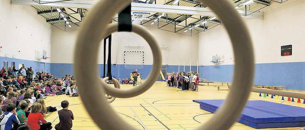 Ausgefeilte Technik: In der neuen Turnhalle der Stubenrauch-Grundschule ist an alles gedacht. Die Sportgeräte lassen sich elektrisch verstellen, das Licht kommt von oben und blendet nicht.
