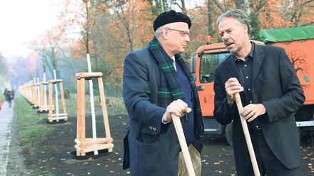 Schaufeleinsatz zum Abschluss. Gartendirektor Michael Rohde (l.) und Potsdams Baubeigeordneter Matthias Klipp (r.) an der restaurierten Lindenallee.